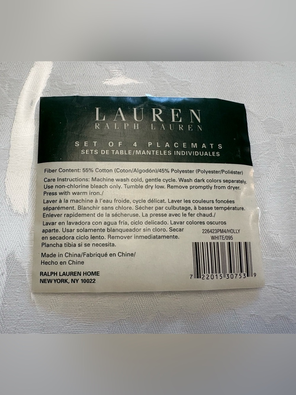 LAUREN RALPH LAUREN SET OF 4 PLACEMATS WHITE HOLLY DESIGN